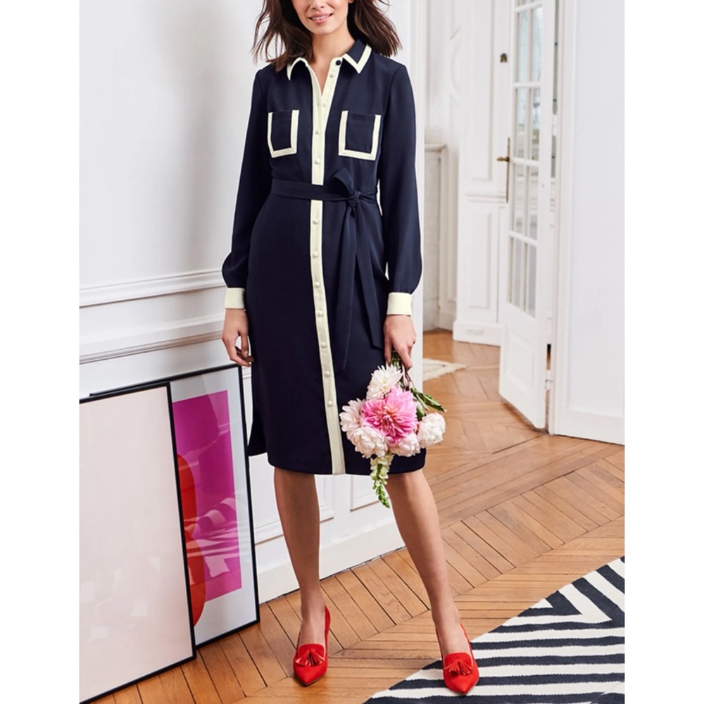 Boden Navy and Cream Long Sleeve Dress 4L